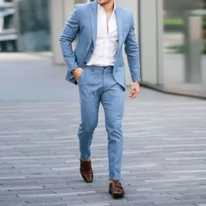 Wiaofellas  -  Blue Linen Mens Suits Elegant High Quality Slim Fit Blazer Hombre Summer Business Smart Casual Custom 2 Piece Set Costume Homme