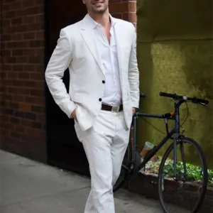 WIAOFELLAS Latest Coat Pant Designs Ivory/White Linen Casual Men Suit Summer Beach Tuxedo Simple Custom Made 2 Piece Jacket Male Set