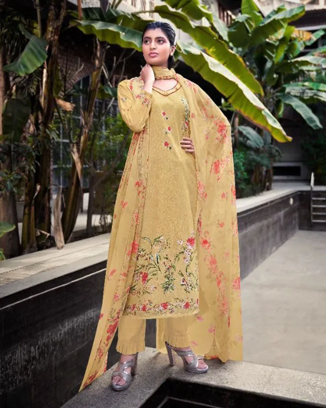 Women's Unstitched Cotton Linen Suit Material with Chiffon Dupatta