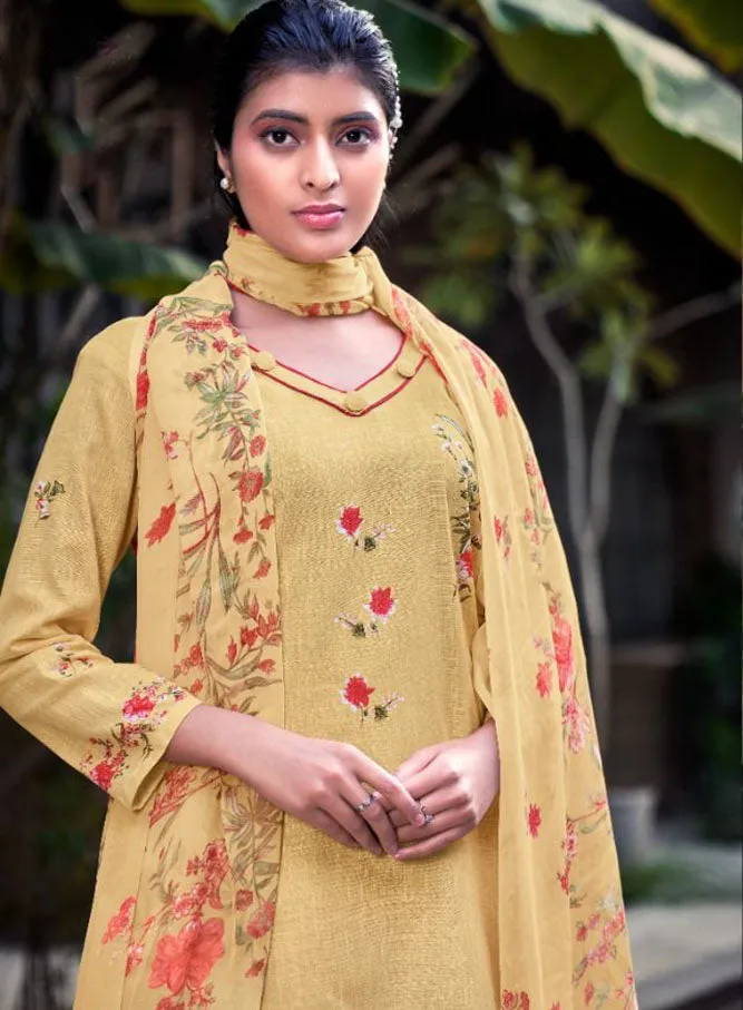 Women's Unstitched Cotton Linen Suit Material with Chiffon Dupatta