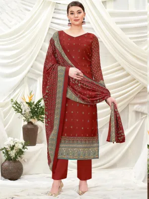 Wool Pashmina Rust Red Printed Unstitched Winter Suit Set