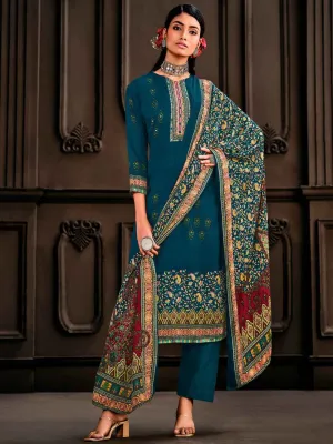 Wool Pashmina Teal Blue Unstitched Winter Ladies Suits Set